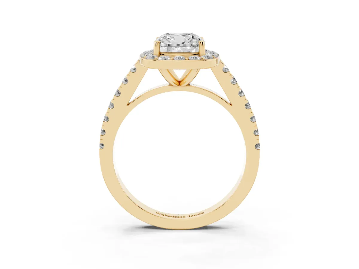 Cushion Cut Diamond Halo Ring with Round Pavé Split Shank and Prong Setting Yellow gold