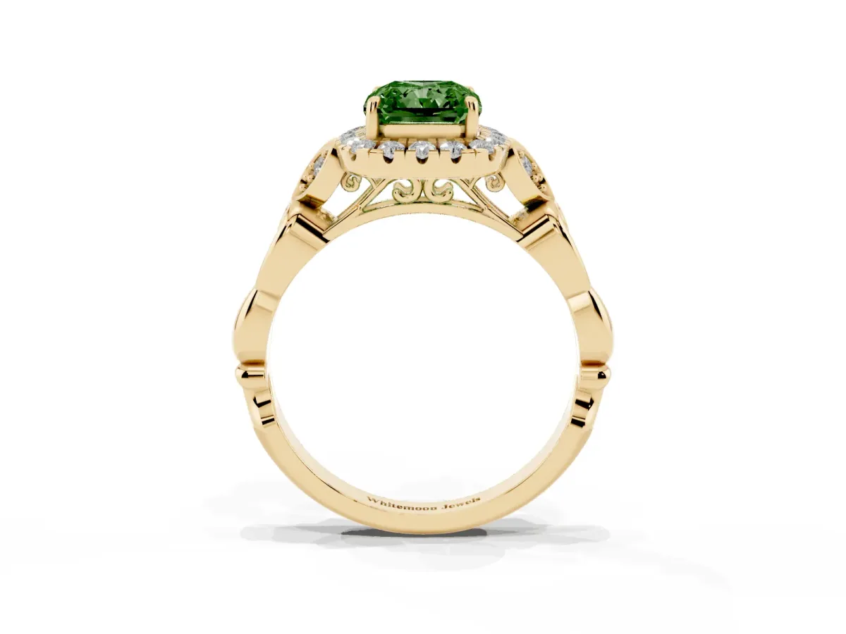 Fancy Green Radiant Cut Halo Diamond Engagement Ring with Vintage-Inspired Band and Four-Prong Setting Yellow gold