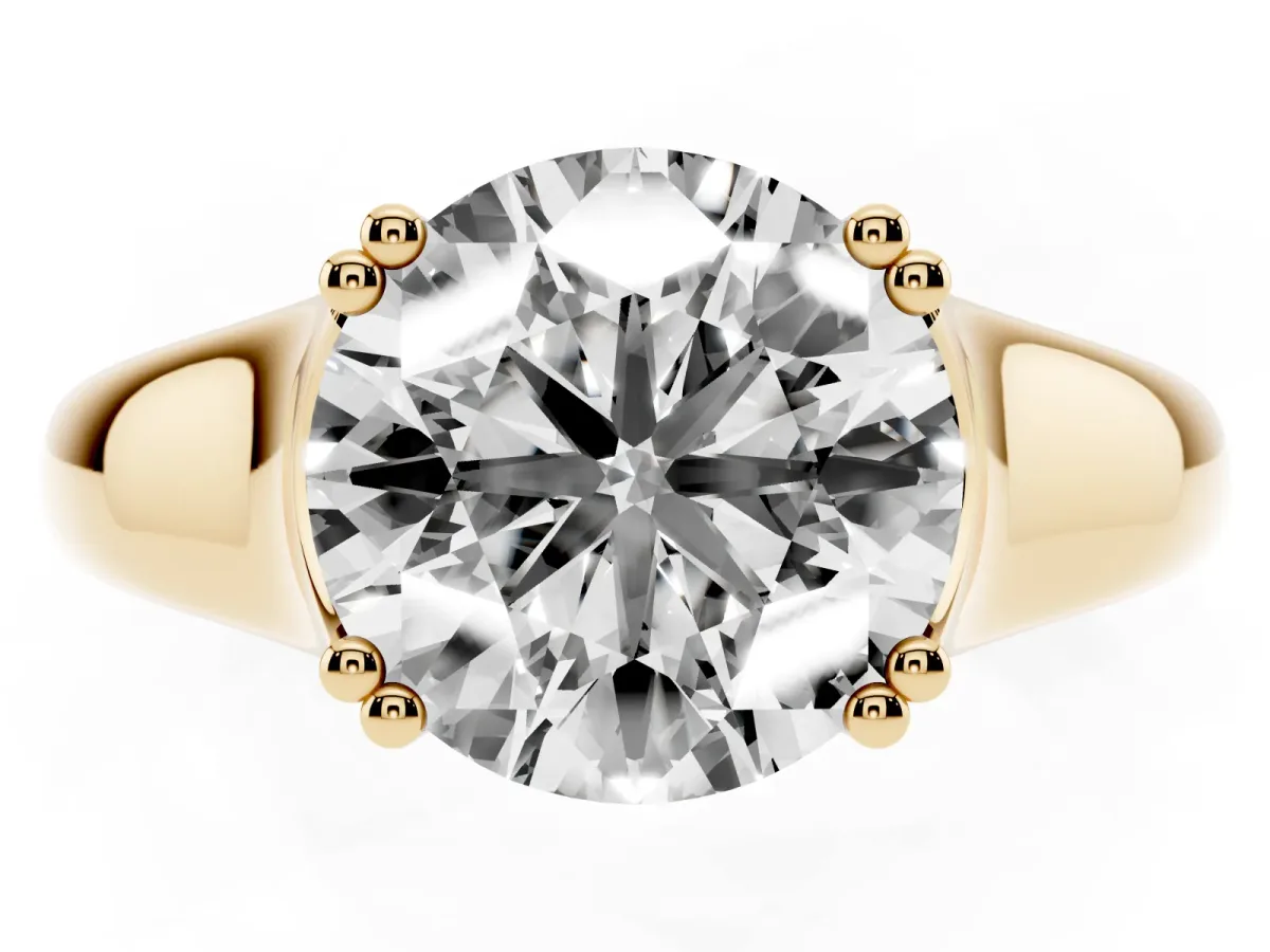 Round Cut Diamond Solitaire Ring with Wide Band and Prong Setting Yellow gold