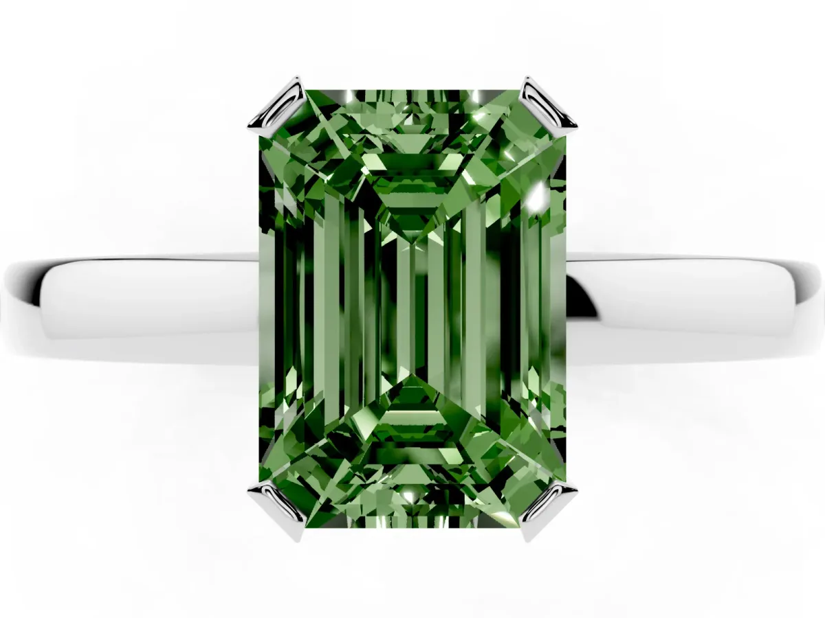 Fancy Green Emerald Cut Cut Solitaire Ring with Four-Prong Setting and Classic Band Platinum