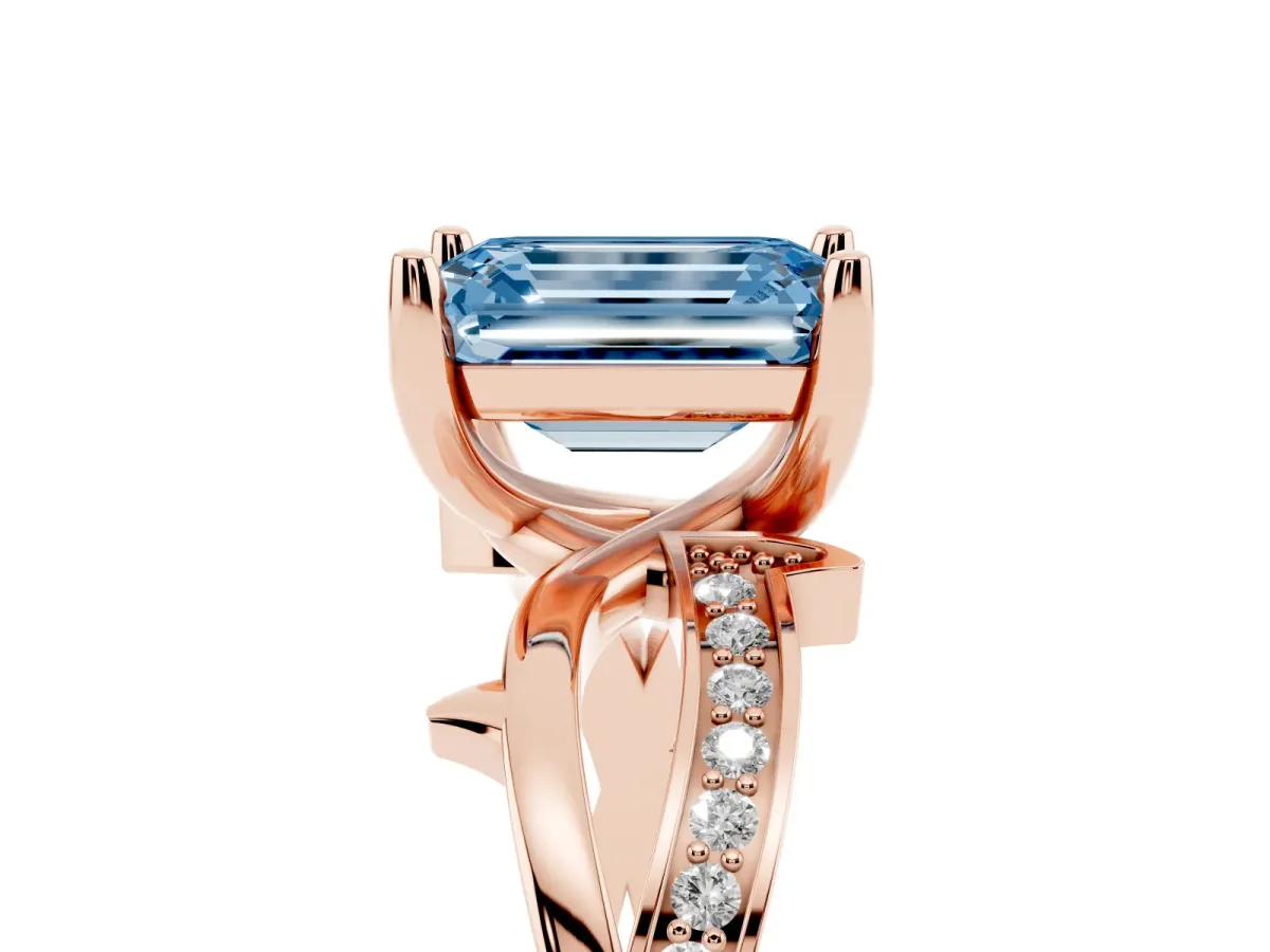 Fancy Blue Emerald Cut Solitaire Twist Band with Pavé Accents and Four-Prong Setting Rose gold