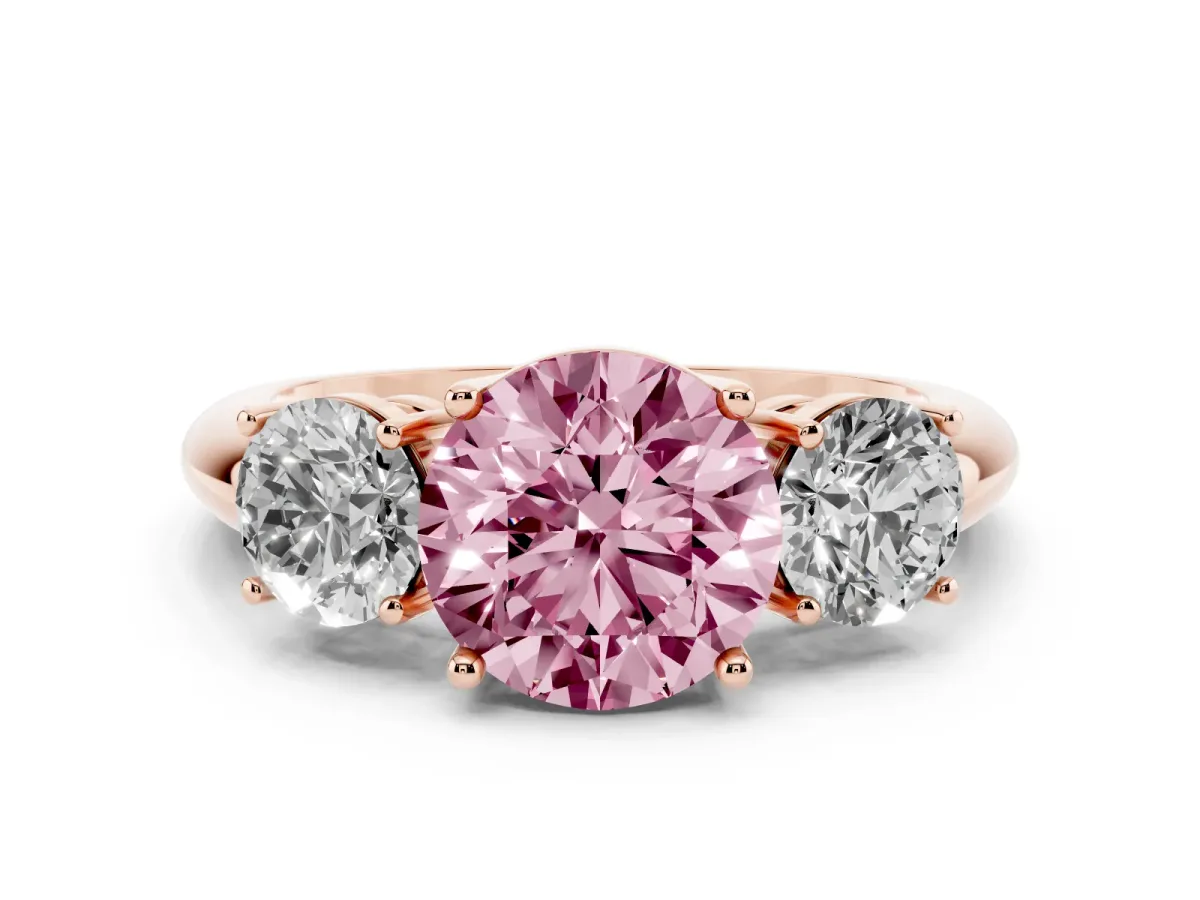 Fancy Pink Three-Stone Round Cut Cut Diamond Engagement Ring with Prong Setting on a White Gold Band Rose gold