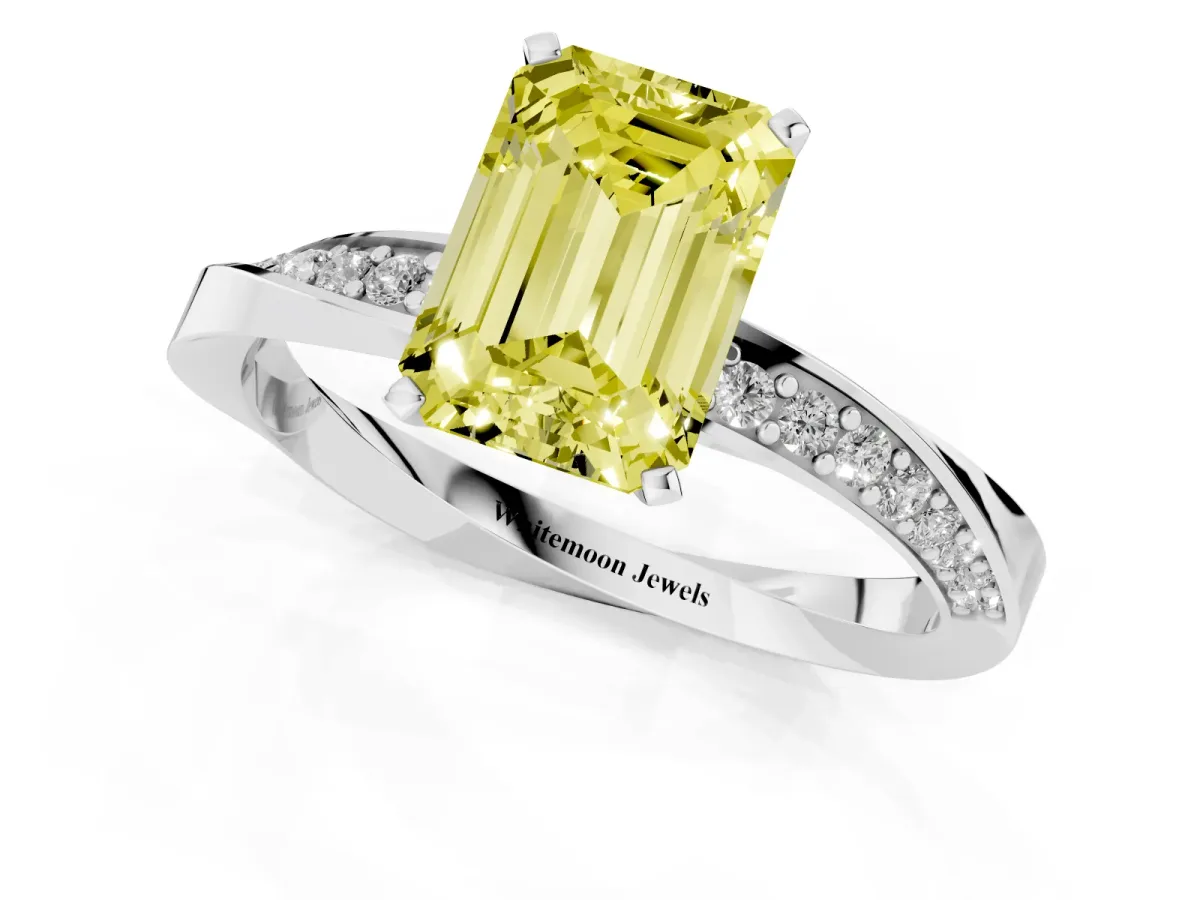 Fancy Yellow Emerald Cut Diamond Engagement Ring with Side Stone Accents and Four-Prong Setting Silver