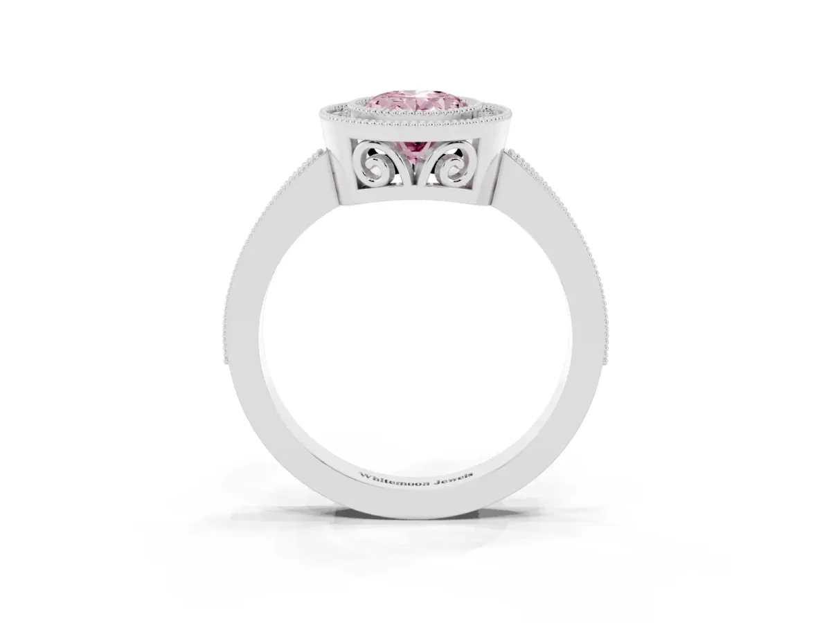 Fancy Pink Oval Cut Cut Halo Diamond Ring with Pavé Band and Milgrain Prong Setting Platinum