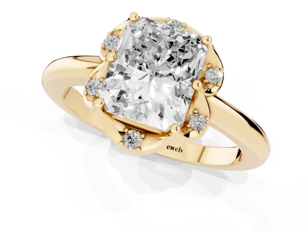 Radiant Cut Halo Diamond Ring with Round Cluster Setting, Solitaire Band, and Four-Prong Setting Yellow gold