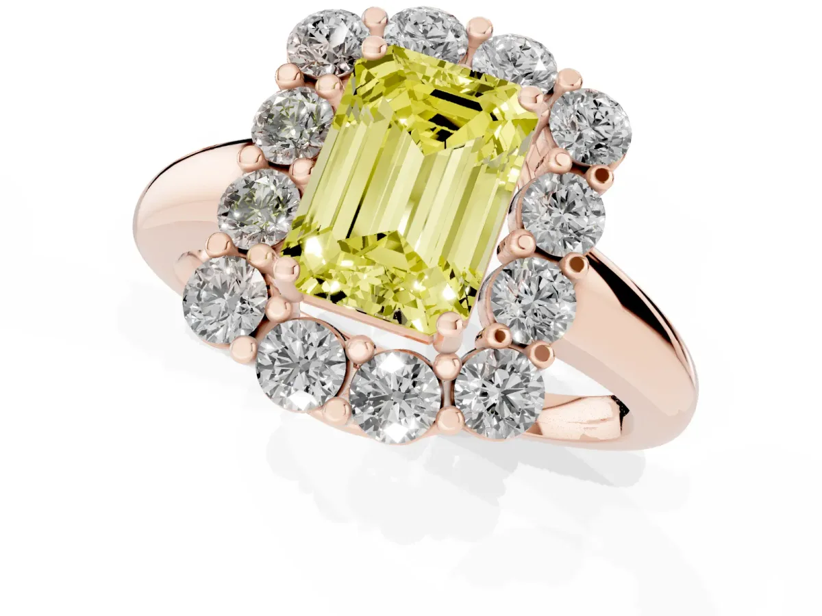 Fancy Yellow Emerald Cut Halo Cluster Diamond Engagement Ring with Prong Setting and Polished Band Rose gold