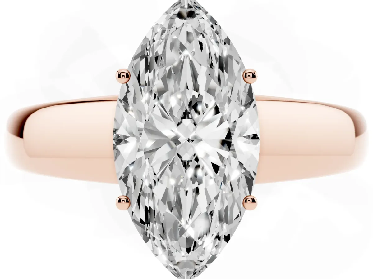 Marquise Cut Solitaire Diamond Ring with Tapered Band and Four-Prong Setting Rose gold