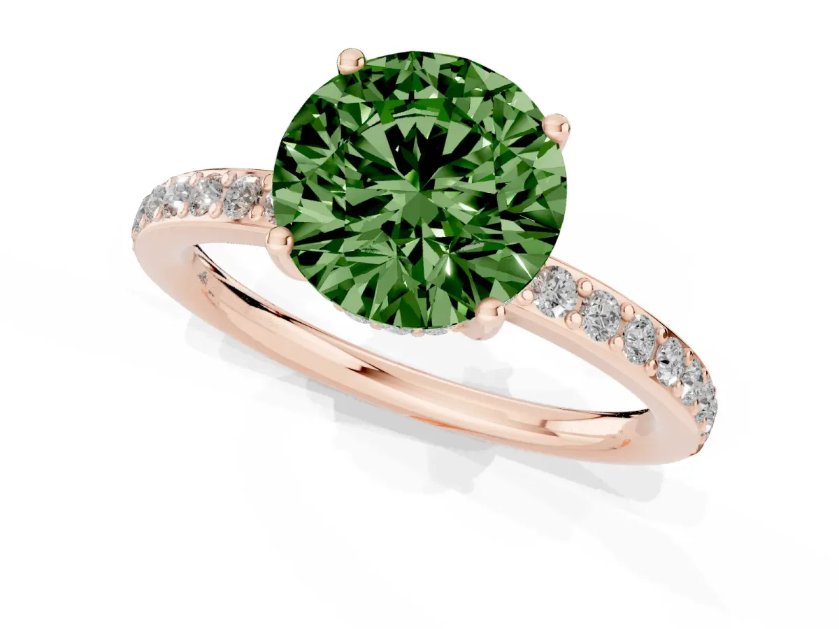 Fancy Green Round Cut Cut Diamond Pavé Band Ring with Four-Prong Setting Rose gold