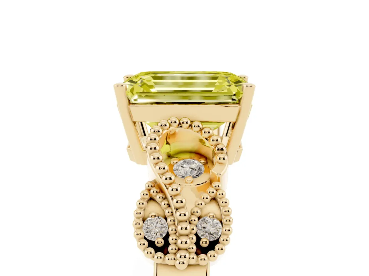 Fancy Yellow Emerald Cut Solitaire Milgrain Leaf Band with Prong Setting Yellow gold