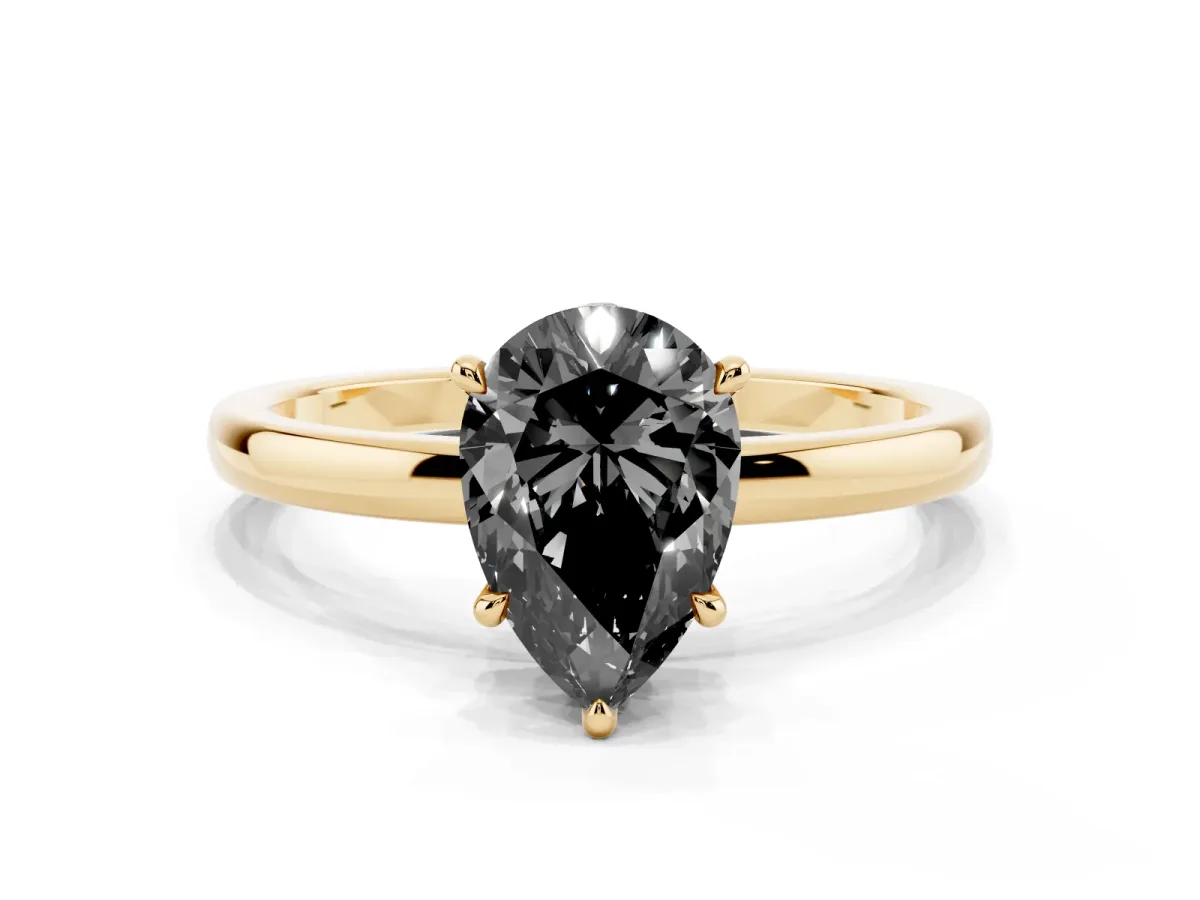 Fancy Black Pear Cut Solitaire Engagement Ring with Cathedral Band and Four-Prong Setting Yellow gold