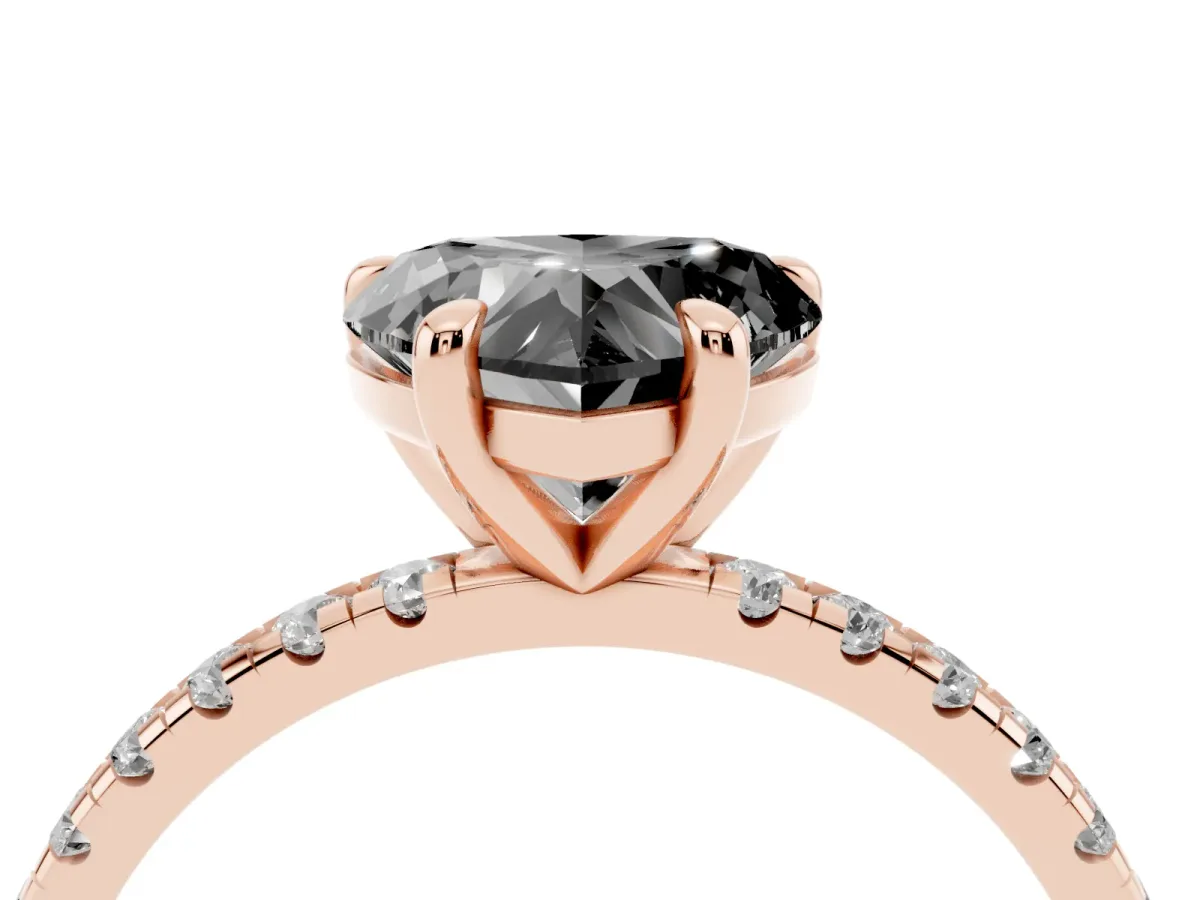 Fancy Black Heart Cut Diamond Brilliant Solitaire Ring with Pavé Band and Four-Prong Setting Rose gold