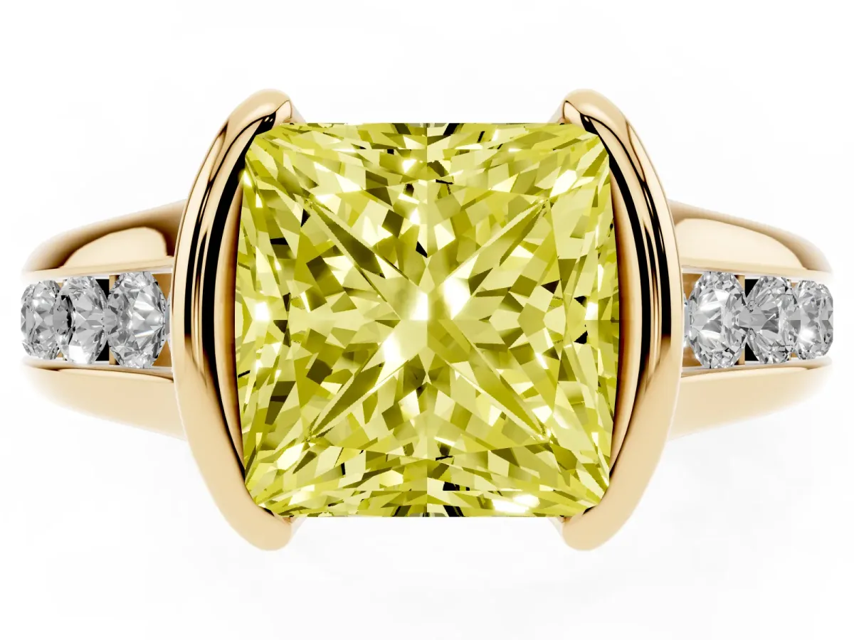 Fancy Yellow Princess Cut Solitaire Bezel-Set Diamond Ring with Channel-Set Band Yellow gold