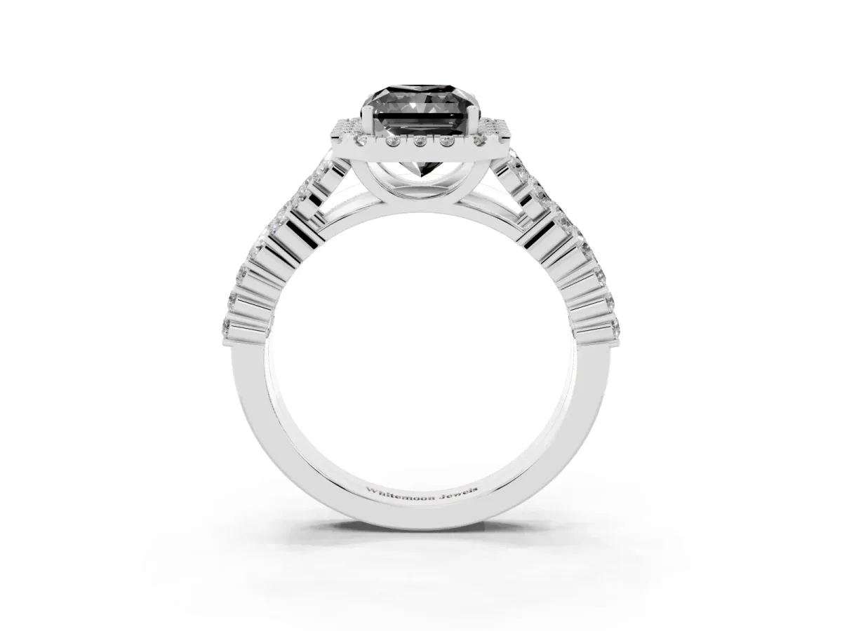 Fancy Black Radiant Cut Diamond Halo Engagement Ring with Triple Row Round Pavé Band and Prong Setting Platinum
