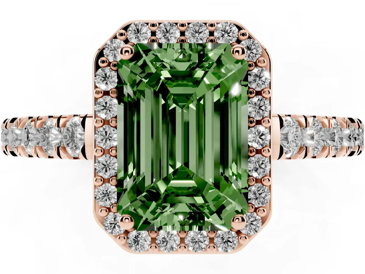 Fancy Green Emerald Cut Cut Halo Diamond Engagement Ring with Pave Band and Four-Prong Setting Rose gold