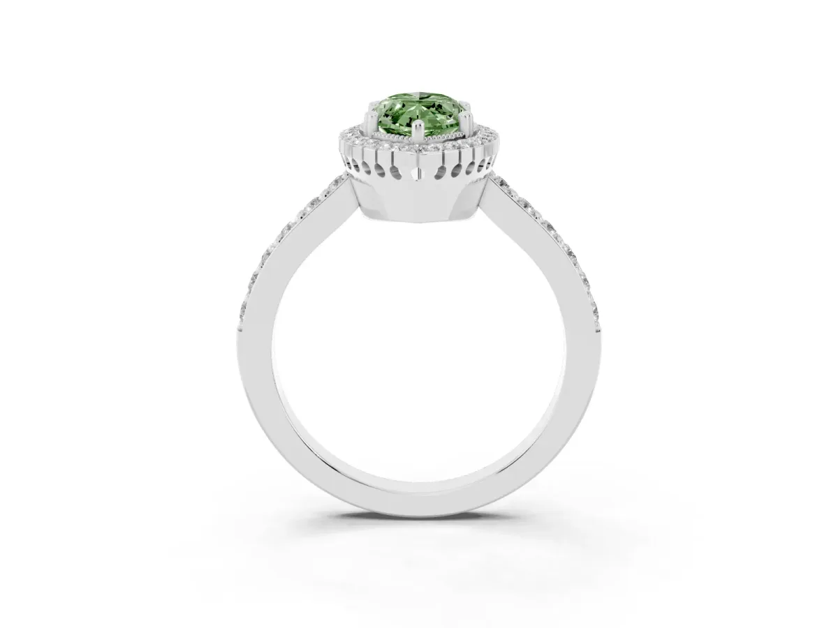 Fancy Green Marquise Cut Cut Diamond Halo Engagement Ring with Milgrain Detail and Pavé Band Silver