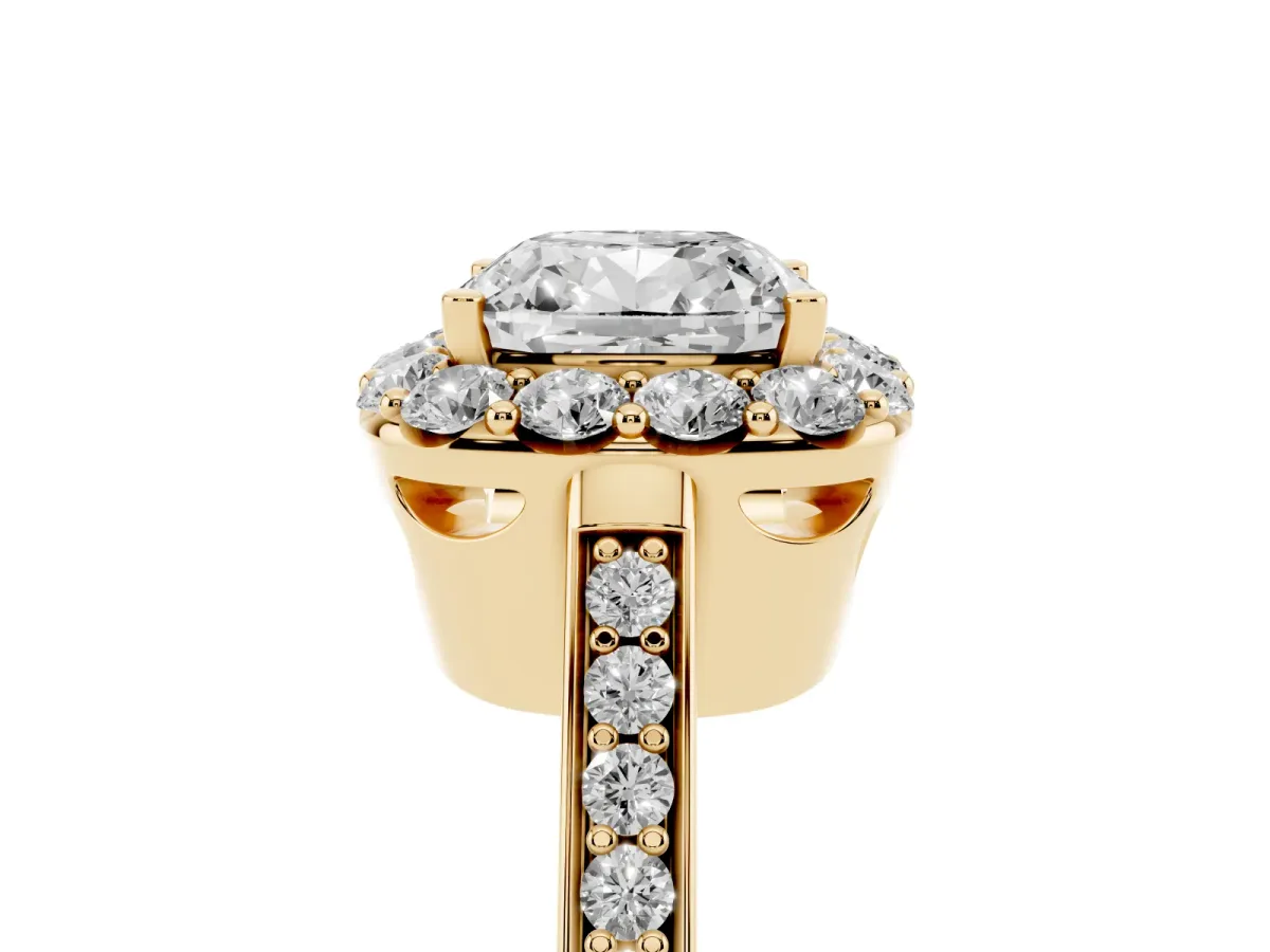 Cushion Cut Diamond Floral Halo Ring with Pavé Band and Prong Setting Yellow gold