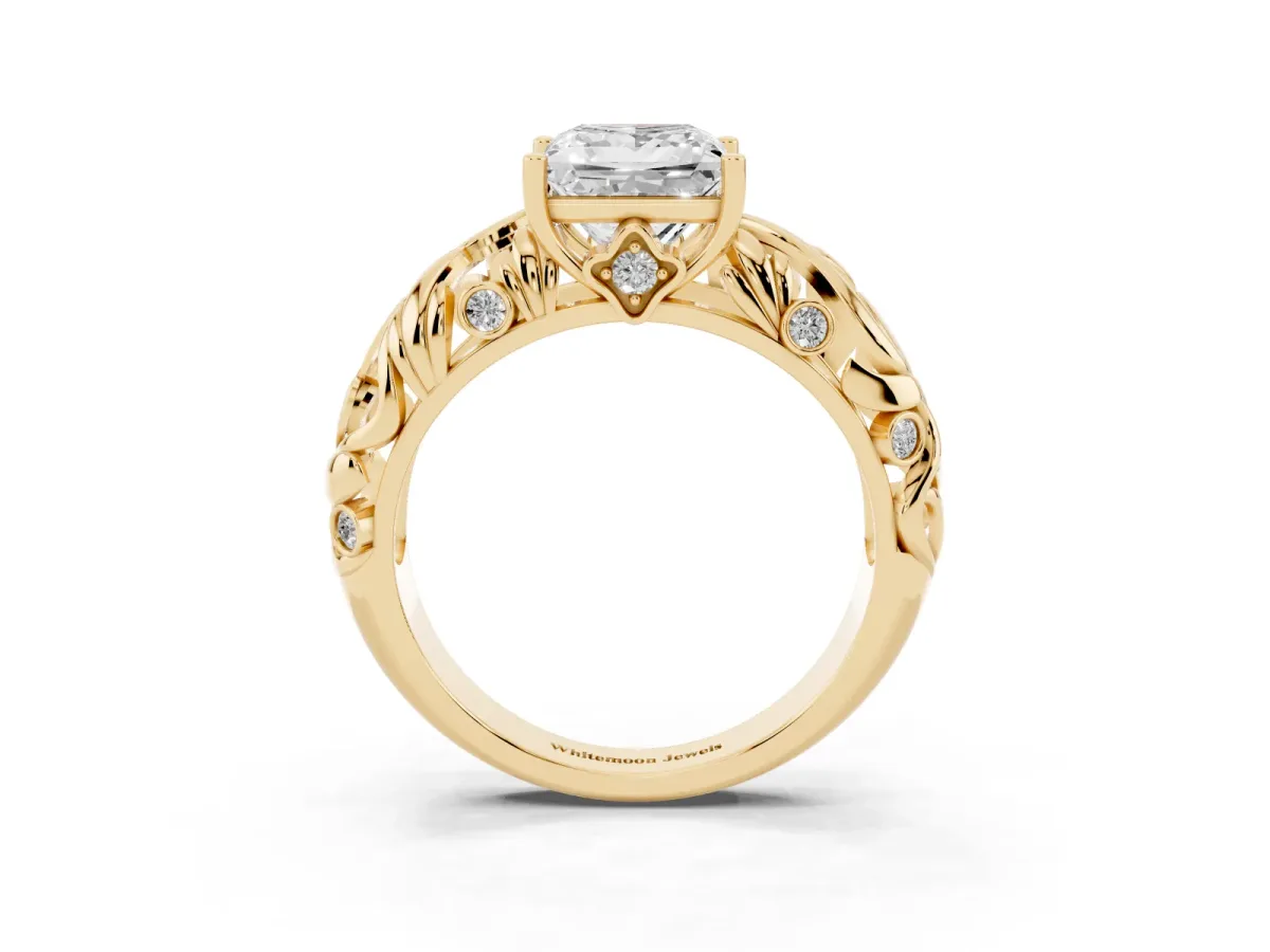 Princess Cut Solitaire Diamond Leaf-Inspired Vine Band Ring with Prong Setting Yellow gold