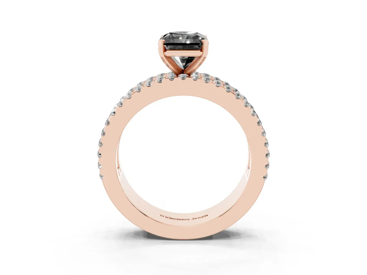 Fancy Black Radiant Cut Diamond Solitaire Ring with Pavé and Channel Set Band Rose gold