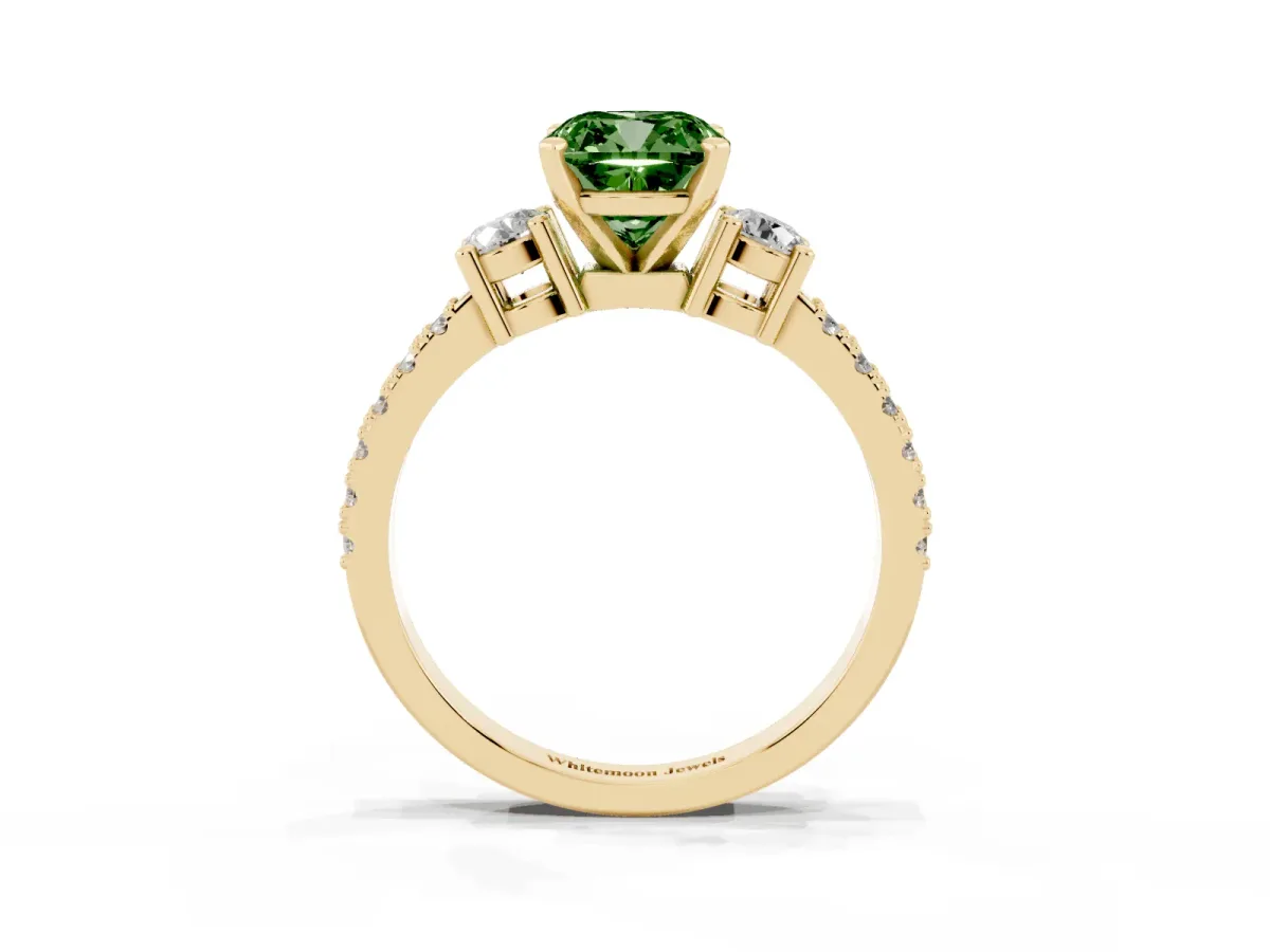 Fancy Green Cushion Cut Three-Stone Diamond Pavé Band with Prong Setting Yellow gold