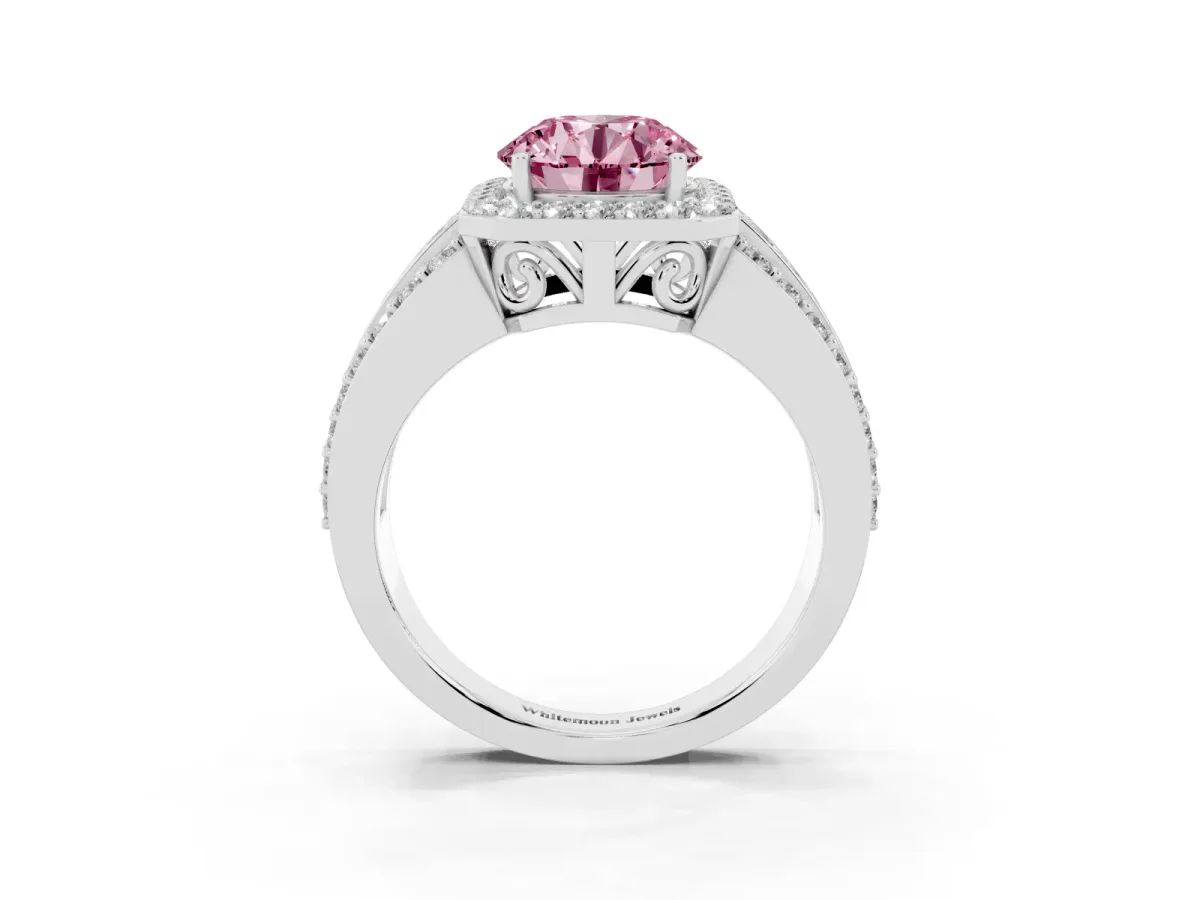 Fancy Pink Round Cut Halo Diamond Ring with Round Split Shank and Prong Setting Platinum