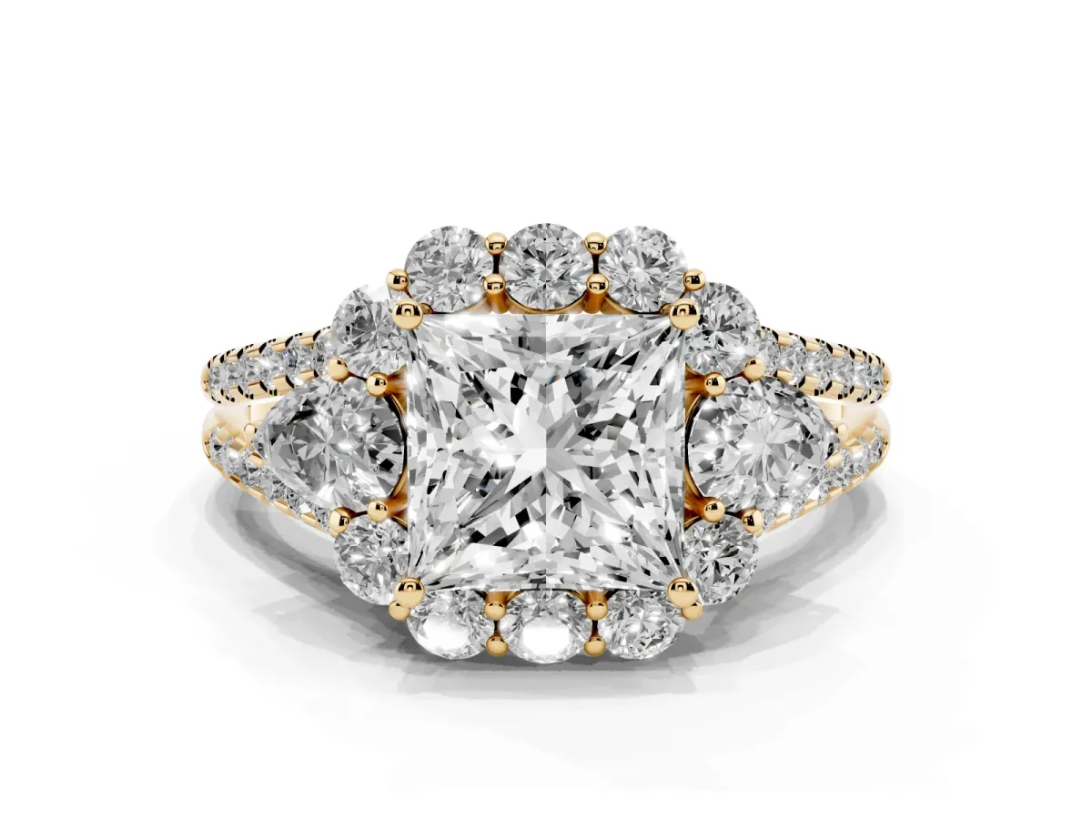 Princess Cut Halo Split Shank Diamond Engagement Ring with Prong Setting Yellow gold