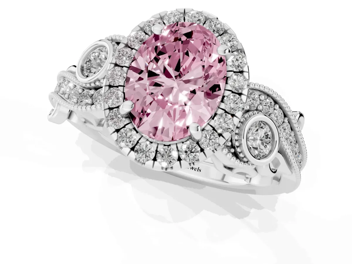 Fancy Pink Oval Cut Halo Diamond Ring with Milgrain and Bezel Accents on a Split Shank Band Silver