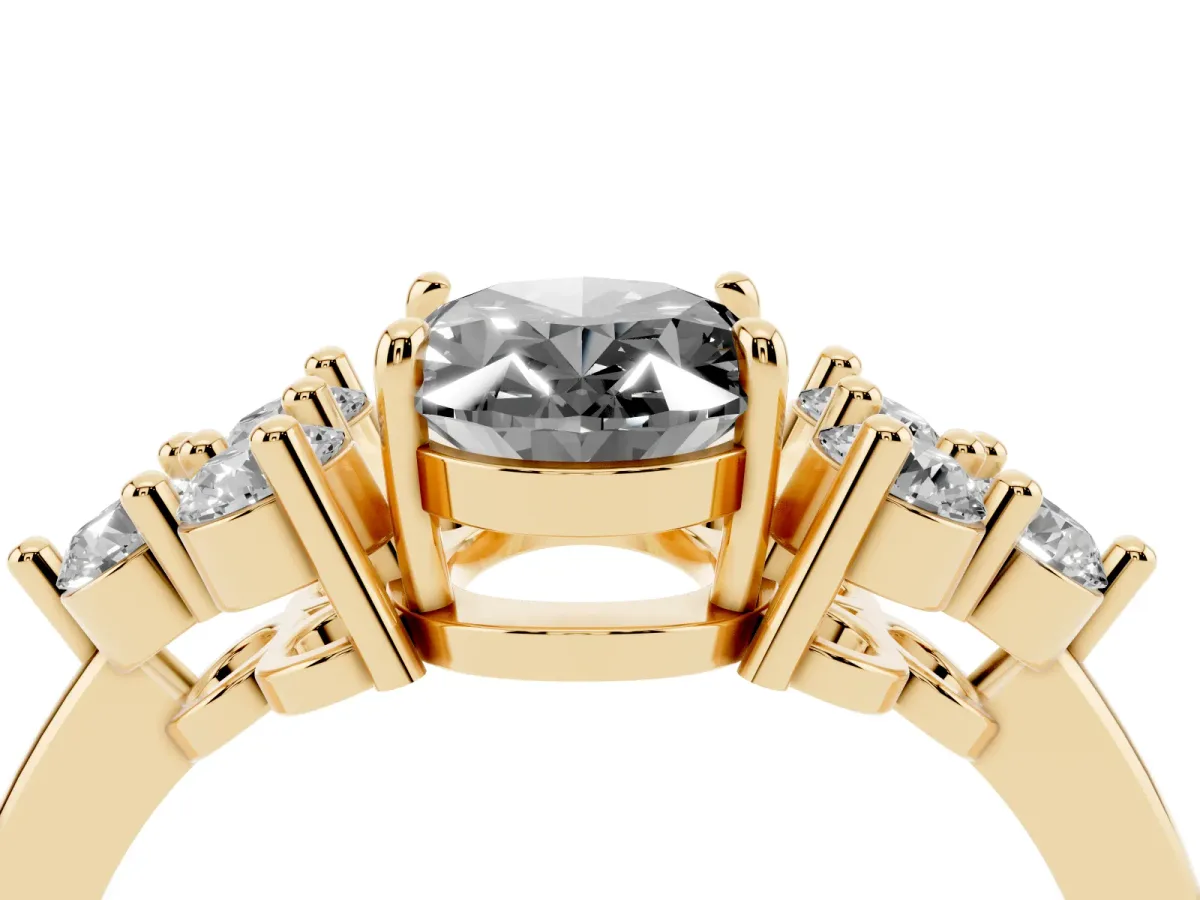 Fancy Black Oval Cut Brilliant Diamond Cluster Accent Solitaire Ring with Prong Setting Yellow gold