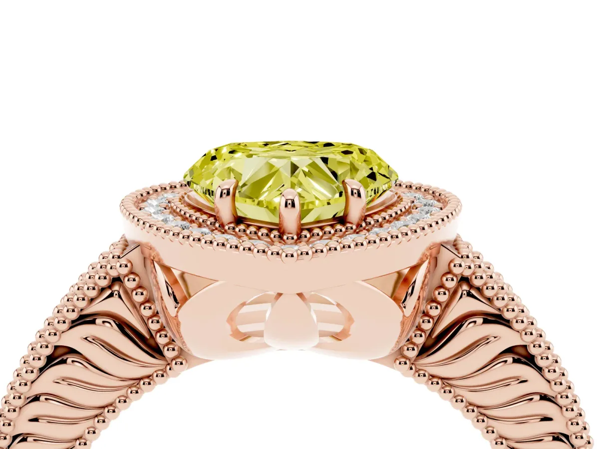 Fancy Yellow Heart Cut Cut Halo Diamond Ring with Pavé Band and Four-Prong Setting Rose gold