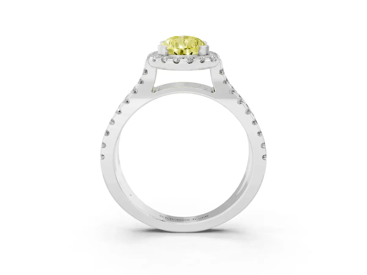 Fancy Yellow Pear Cut Diamond Halo Ring with Split Shank Pavé Band and Prong Setting Silver