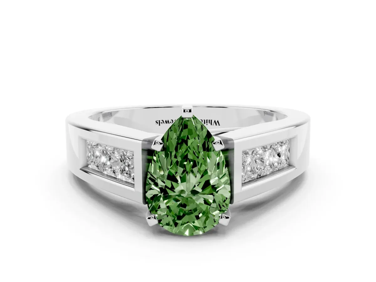 Fancy Green Pear Cut Cut Channel Set Solitaire Ring with Four-Prong Setting Silver