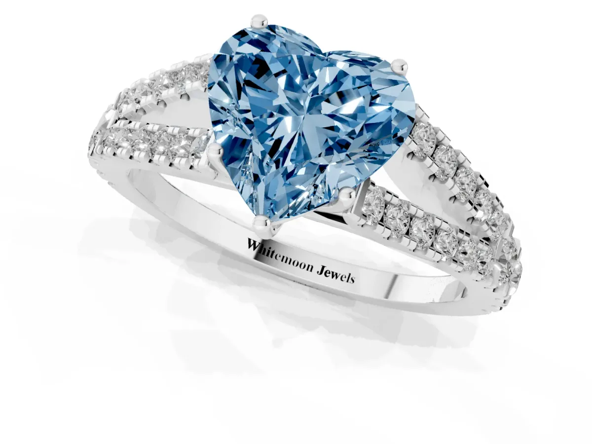 Fancy Blue Heart Cut Diamond Split Shank Pavé Engagement Ring with Four-Prong Setting White gold