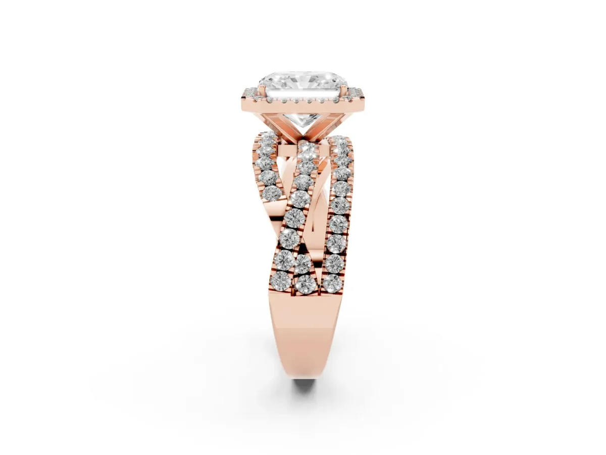 Radiant Cut Diamond Halo Ring with Round Split Shank and Prong Setting Rose gold