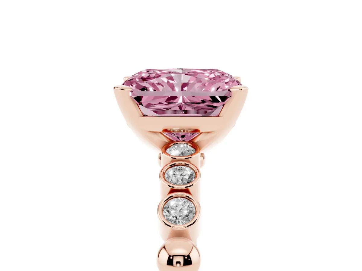 Fancy Pink Radiant Cut Solitaire Bezel Accent Diamond Engagement Ring with Beaded Band and Four-Prong Setting Rose gold