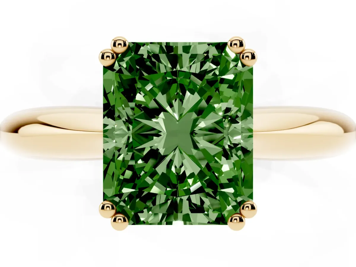 Fancy Green Radiant Cut Cut Solitaire Engagement Ring with Tapered Band and Four-Prong Setting Yellow gold