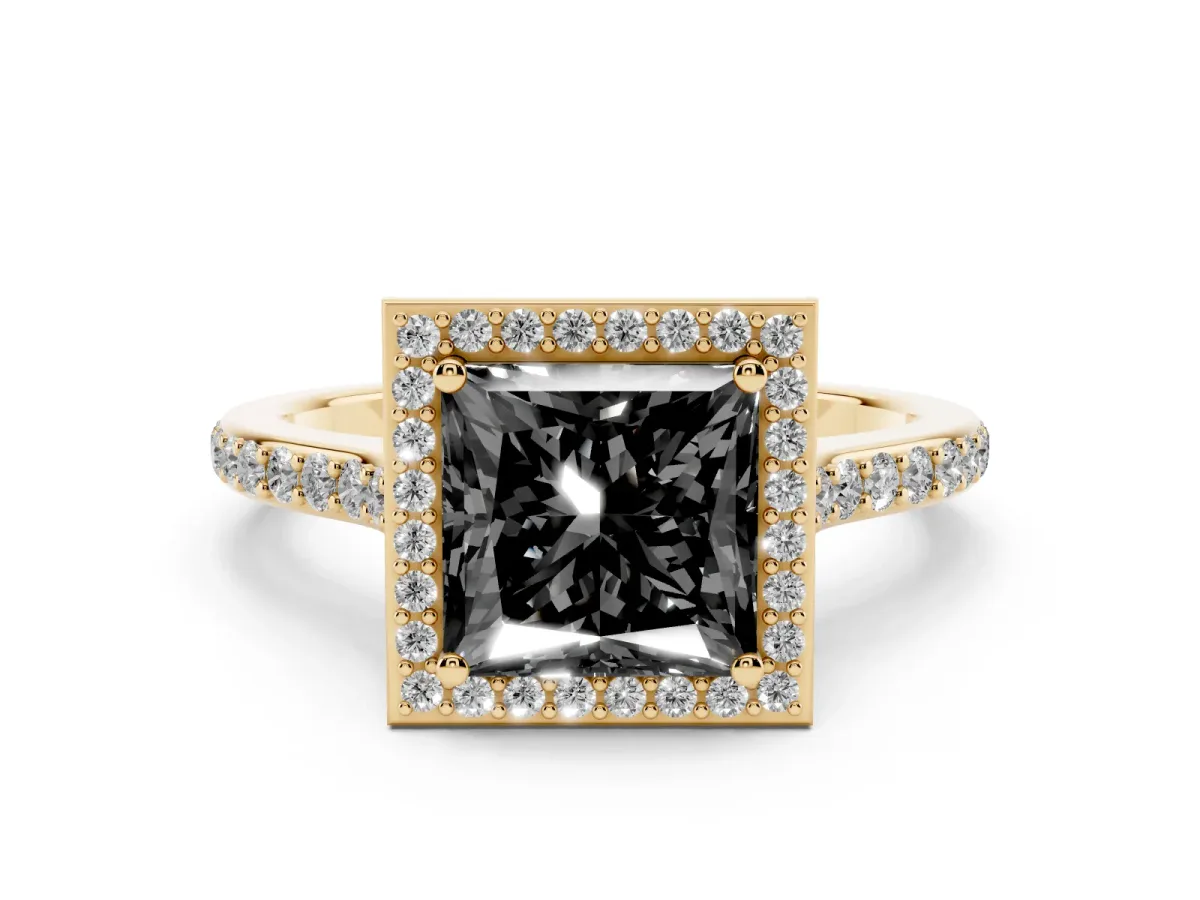 Fancy Black Princess Cut Diamond Halo Engagement Ring with Round Pavé Shoulders and Prong Setting Yellow gold