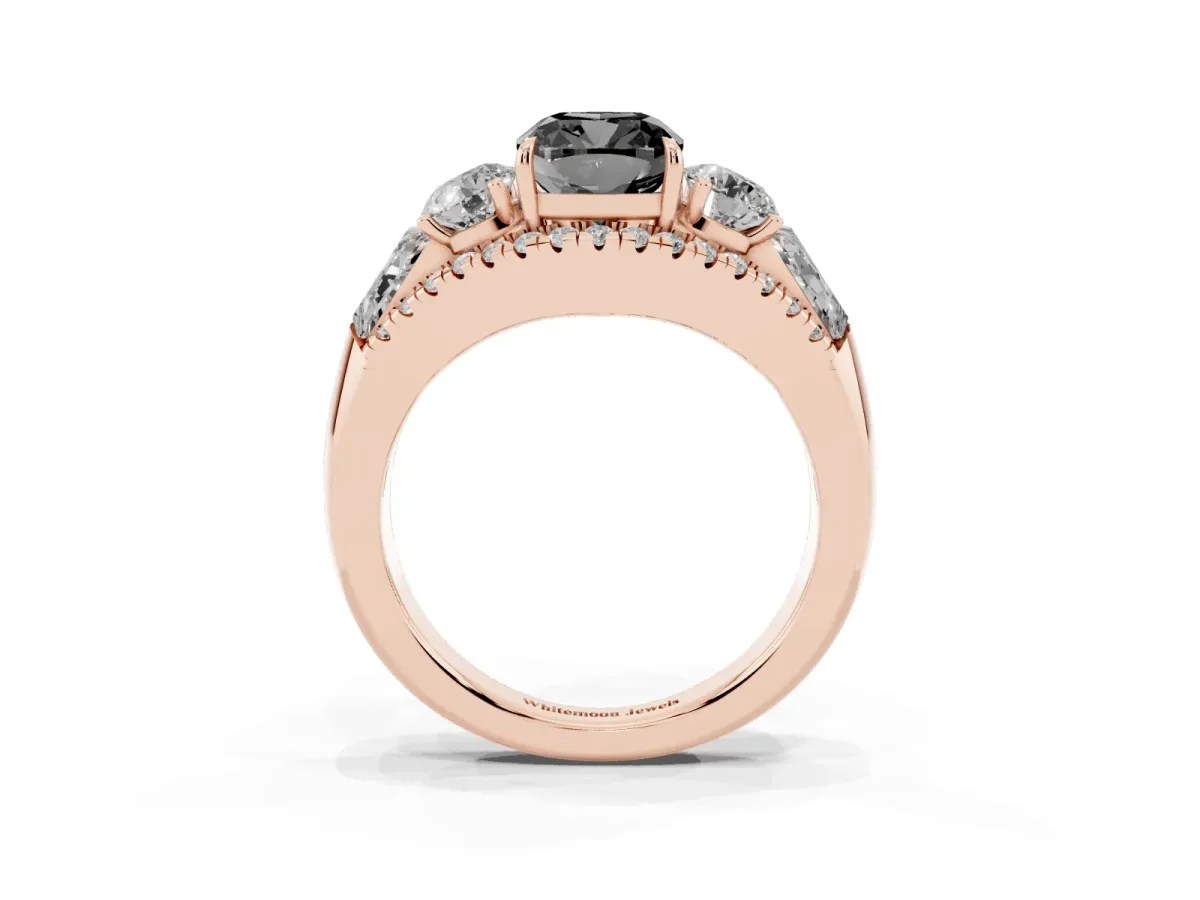 Fancy Black Three-Stone Cushion Cut Diamond Engagement Ring with Pave Band and Prong Setting Rose gold