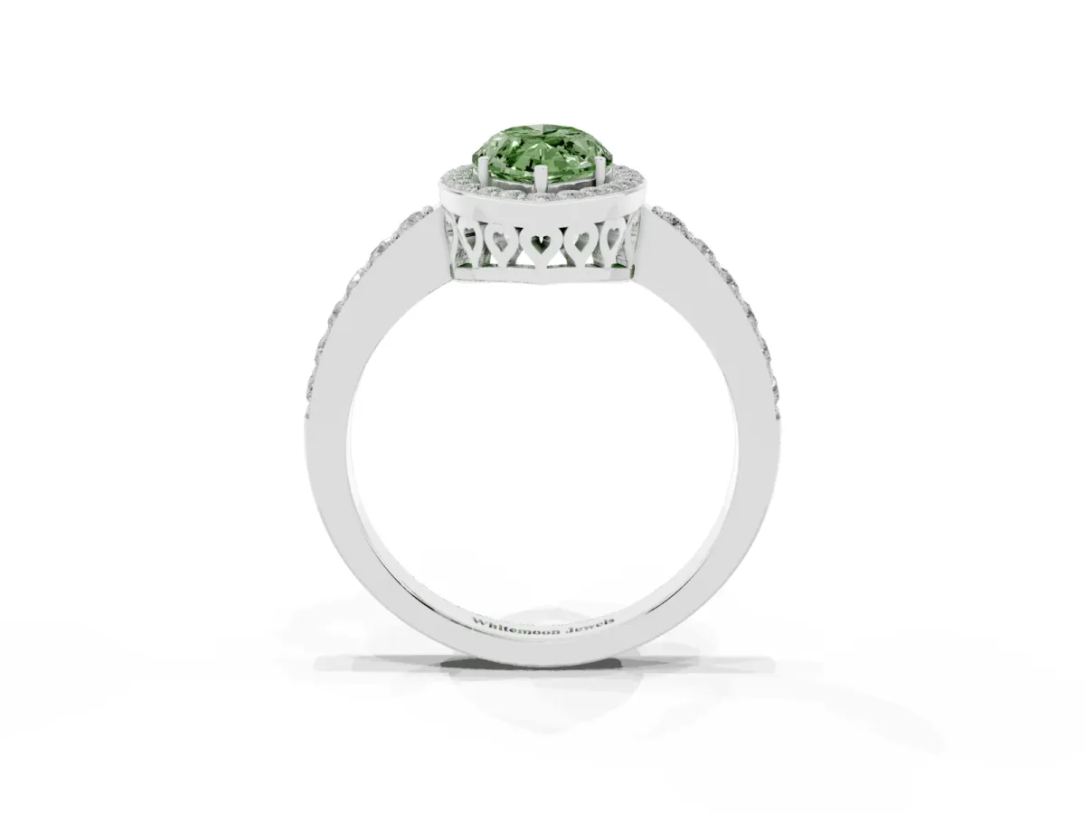 Fancy Green Marquise Cut Halo Diamond Pavé Band Ring with Prong Setting Silver