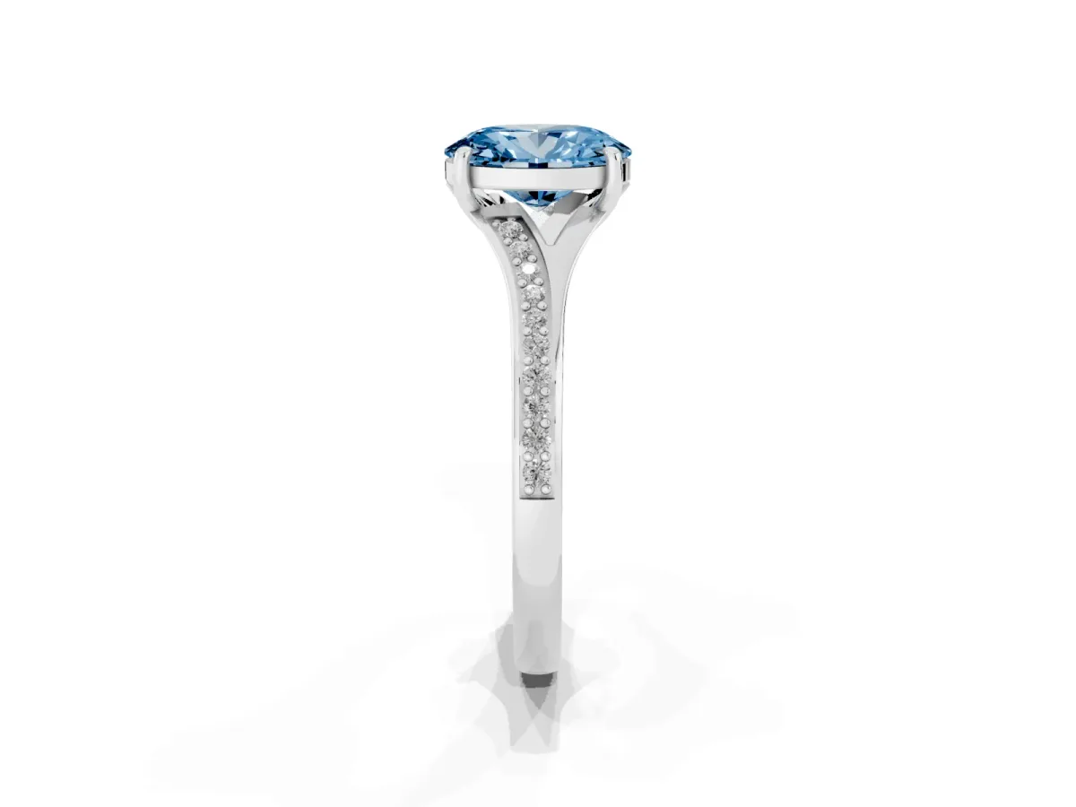 Fancy Blue Oval Cut Diamond Solitaire Ring with Pavé Band and Prong Setting Silver