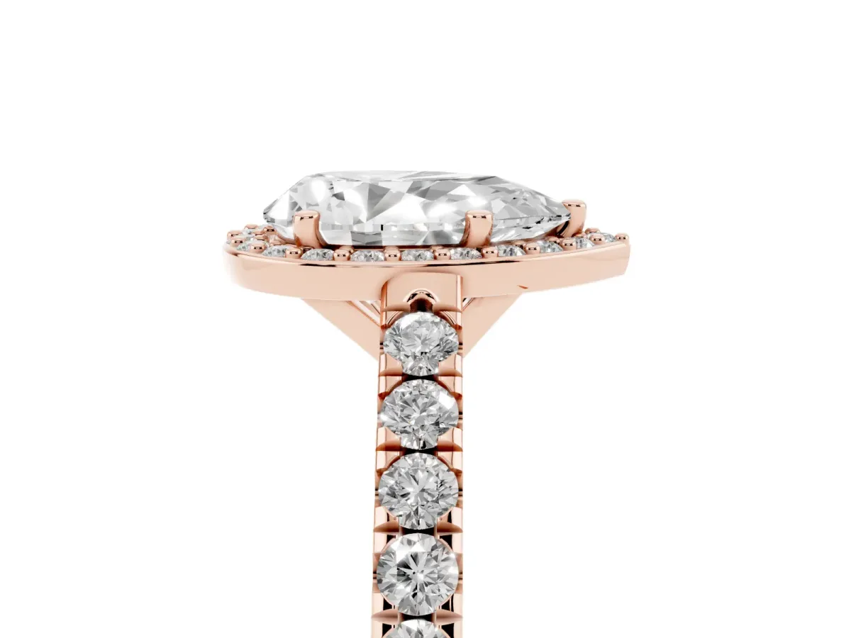 Pear Cut Cut Halo Diamond Engagement Ring with Pave Band and Four-Prong Setting Rose gold