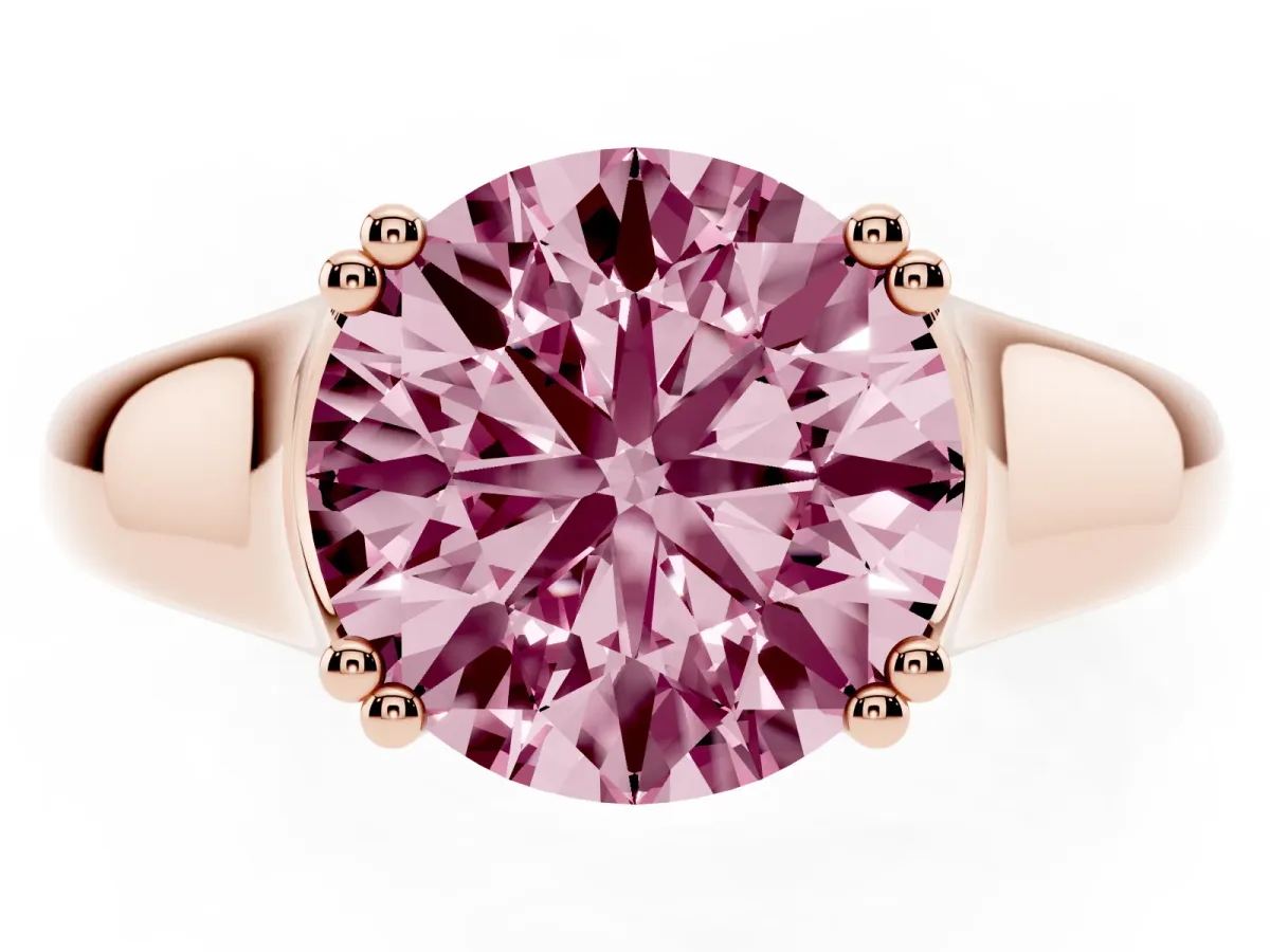 Fancy Pink Round Cut Diamond Solitaire Ring with Wide Band and Prong Setting Rose gold