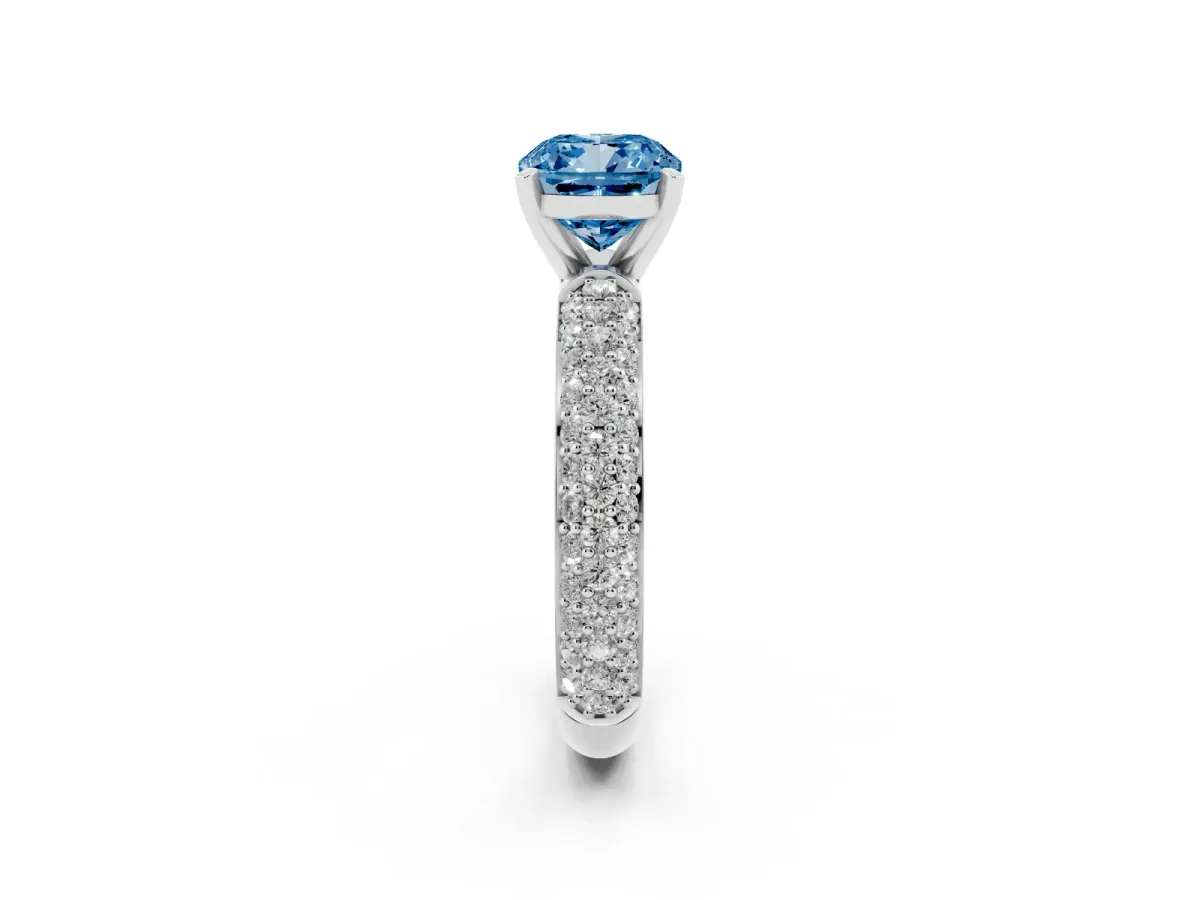 Fancy Blue Cushion Cut Diamond Solitaire Ring with Prong Setting and Pavé Band Silver