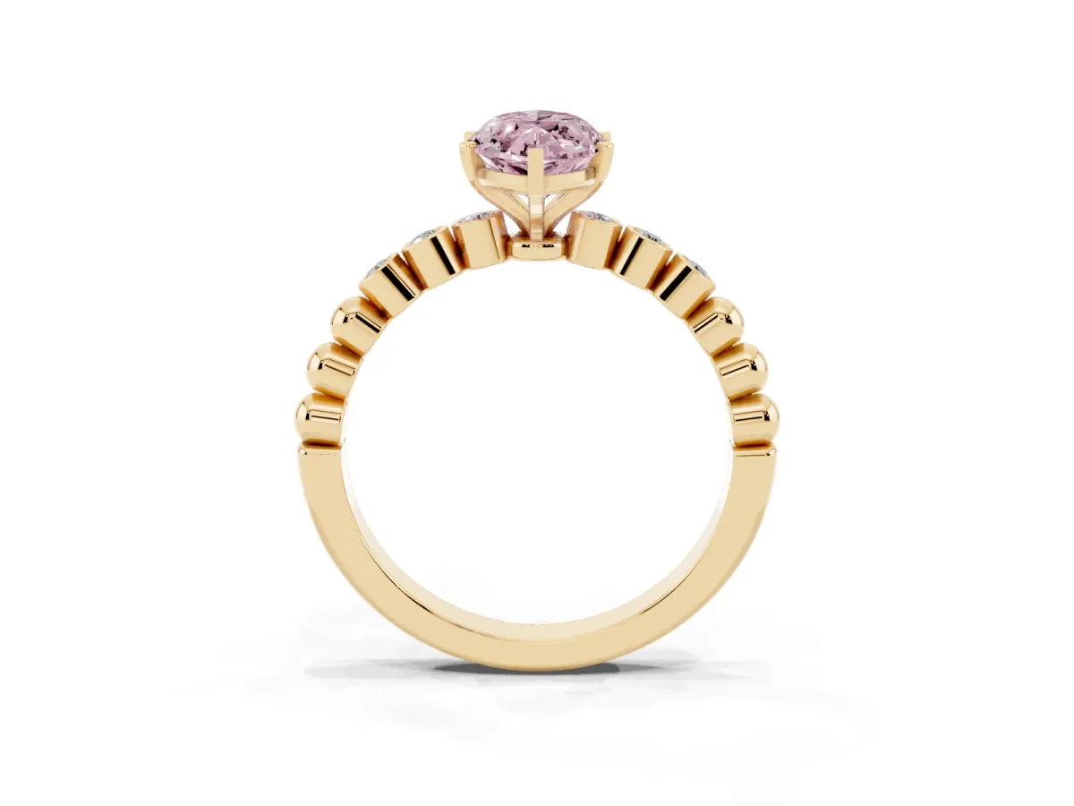 Fancy Pink Marquise Cut Solitaire Bezel Accent Diamond Engagement Ring with Beaded Band and Four-Prong Setting Yellow gold