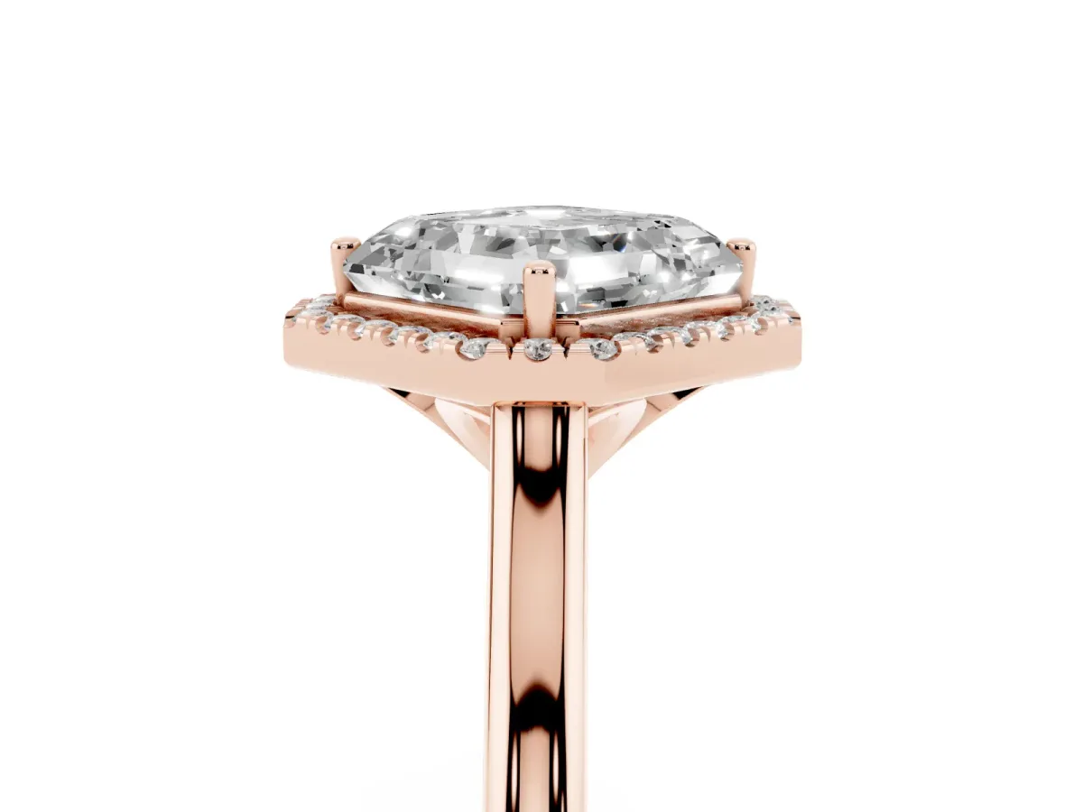 Asscher Cut Halo Round Diamond Solitaire Engagement Ring with Pave Band and Four-Prong Setting Rose gold