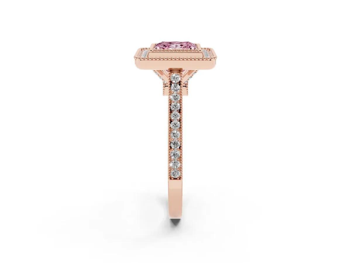 Fancy Pink Princess Cut Diamond Halo Ring with Milgrain Frame and Pavé Band Rose gold