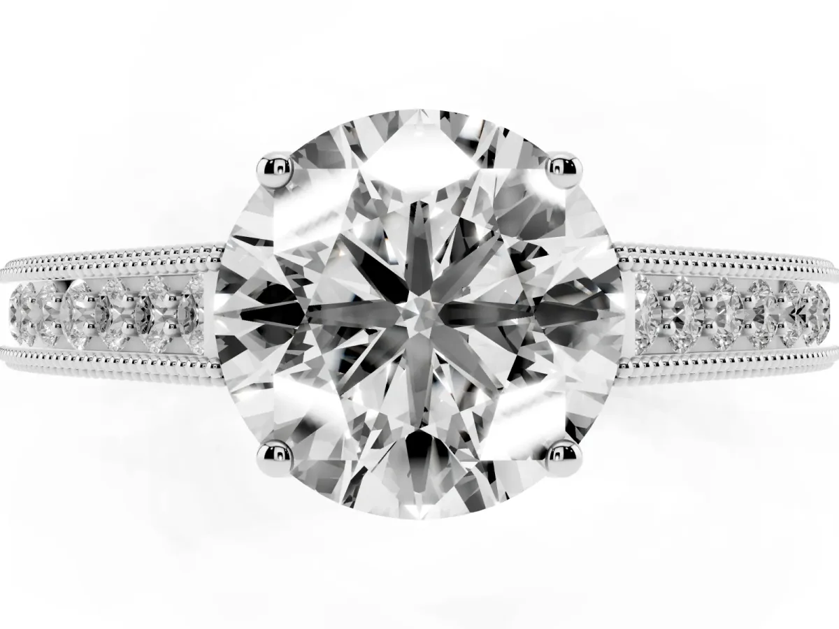 Round Cut Cut Pave Band Milgrain Solitaire Ring White gold