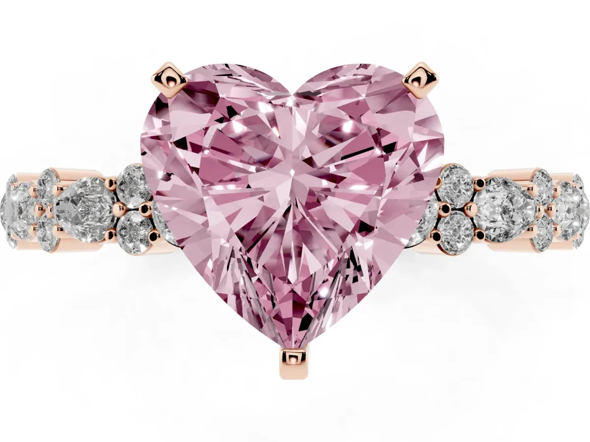 Fancy Pink Heart Cut Diamond Side Stone Solitaire Ring with Round and Four-Prong Setting Rose gold