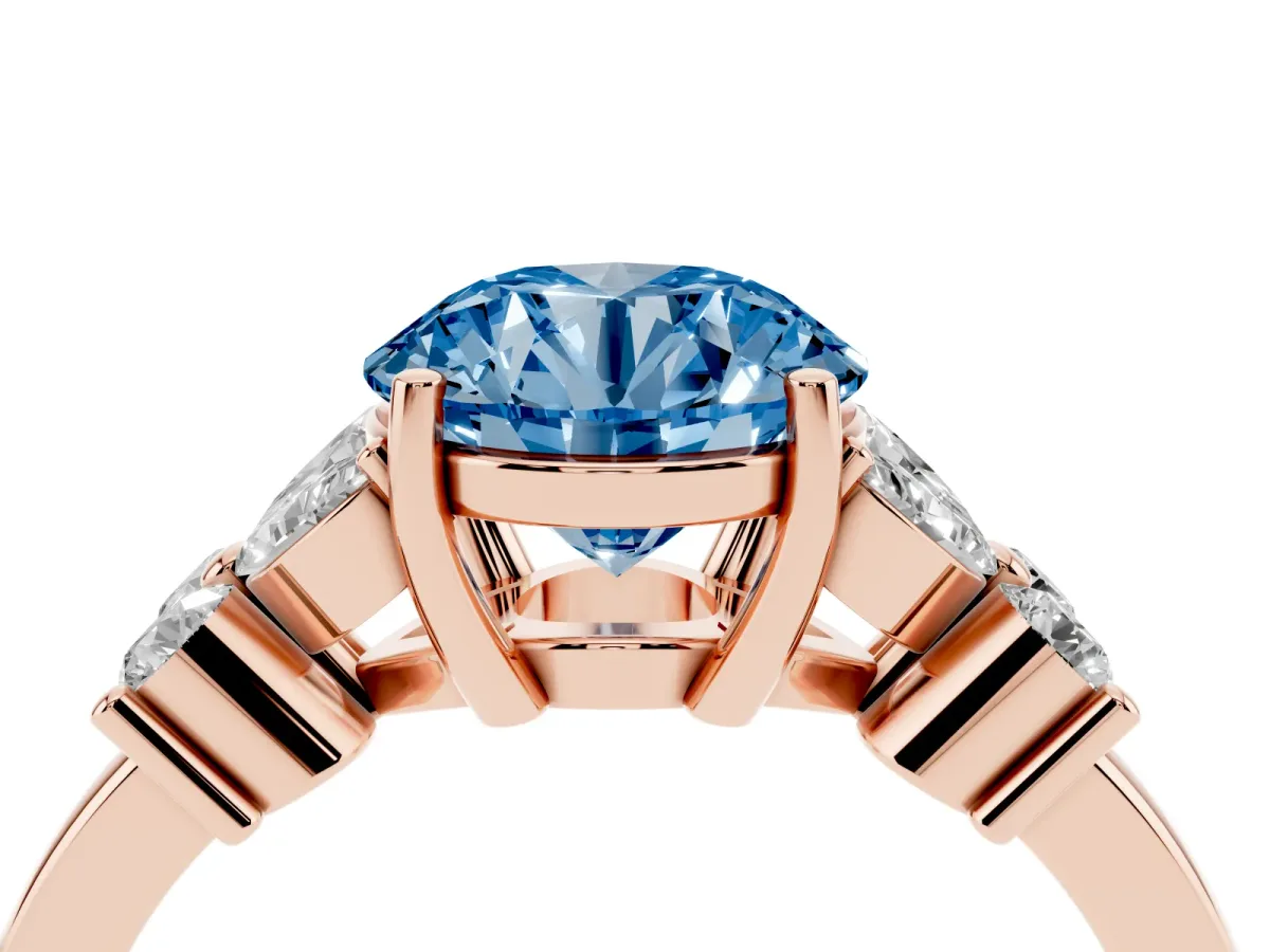 Fancy Blue Round Cut Diamond Floral Cluster Ring with Solitaire Band and Prong Setting Rose gold