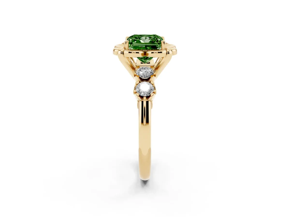 Fancy Green Princess Cut Cut Diamond Floral Halo Engagement Ring with Shared Prong Setting Yellow gold