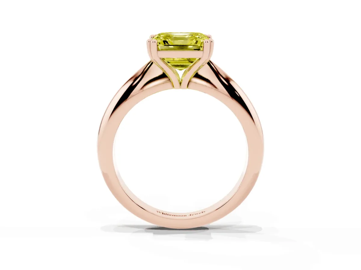 Fancy Yellow Asscher Cut Cut Solitaire Engagement Ring with Tapered Band and Four-Prong Setting Rose gold