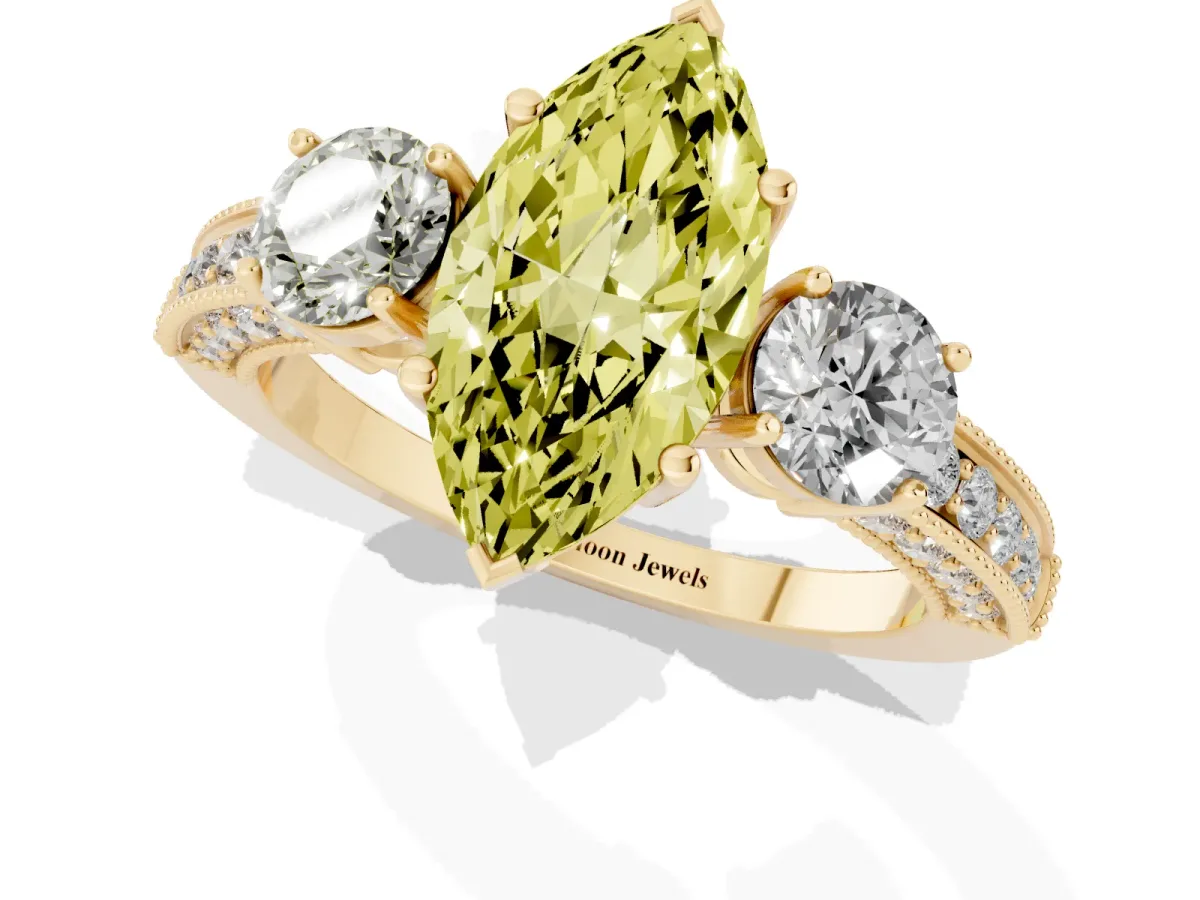 Fancy Yellow Marquise Cut Three-Stone Diamond Ring with Pavé Band and Four-Prong Setting Yellow gold